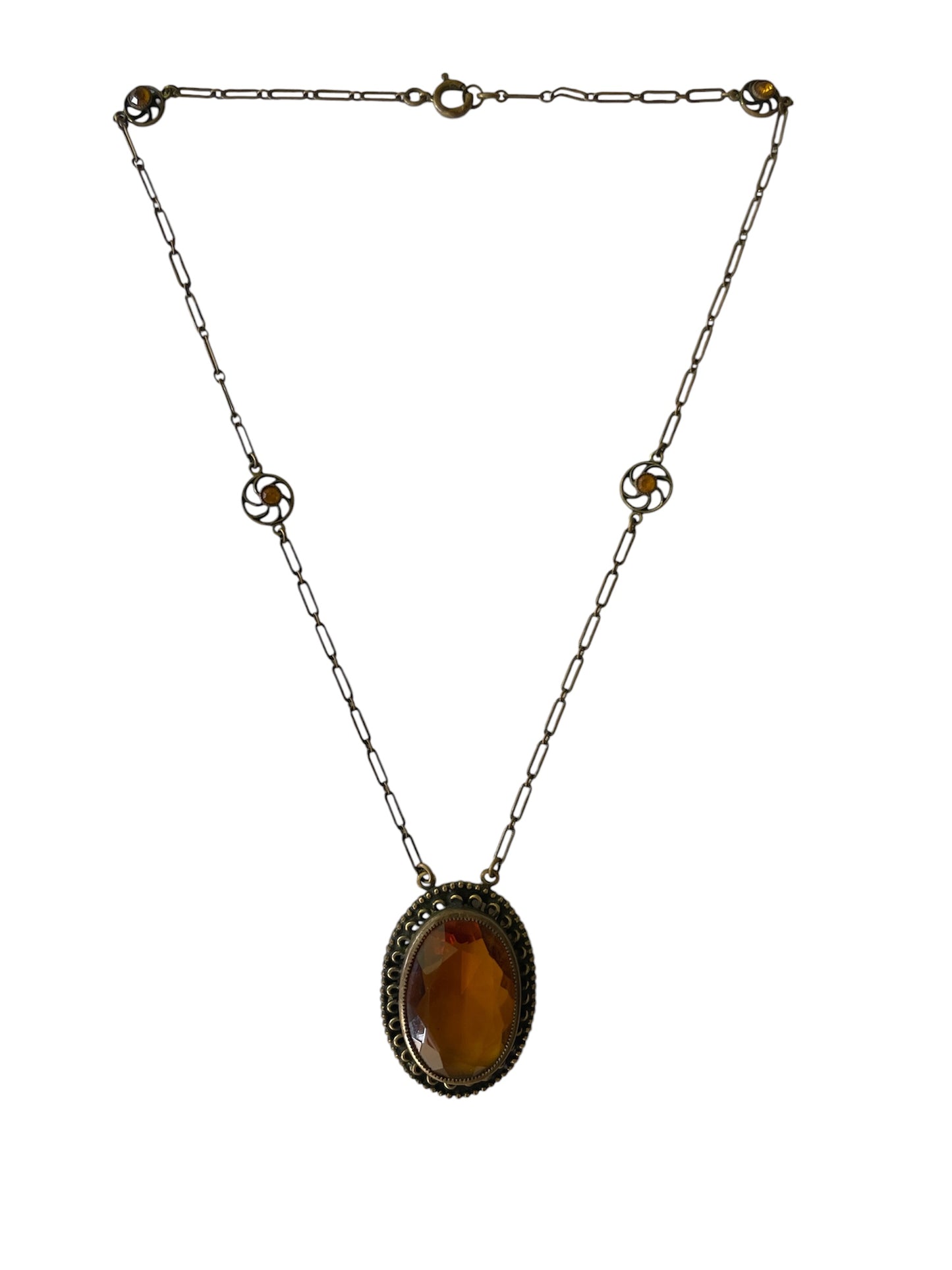 Vintage Czechoslovakian Amber Glass and Gilt Filigree Pendant  Necklace