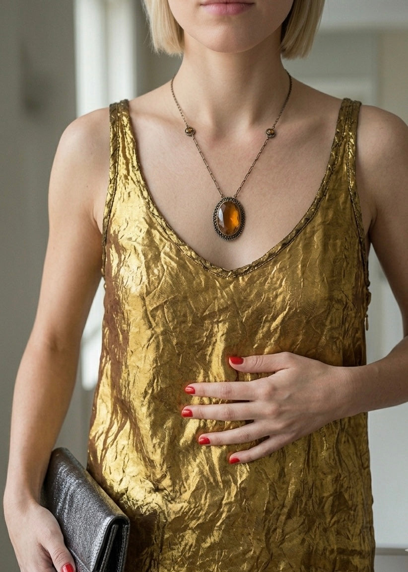 Vintage Czechoslovakian Amber Glass and Gilt Filigree Pendant  Necklace