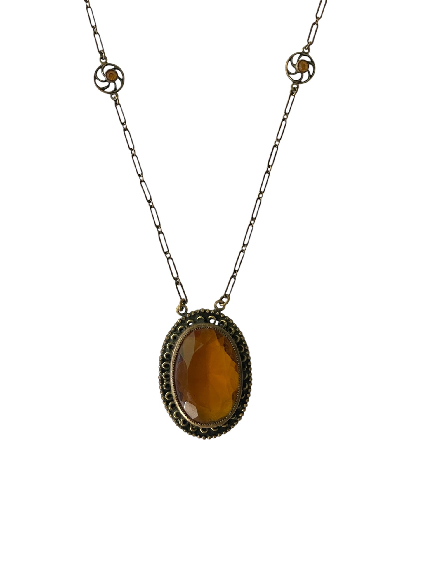Vintage Czechoslovakian Amber Glass and Gilt Filigree Pendant  Necklace