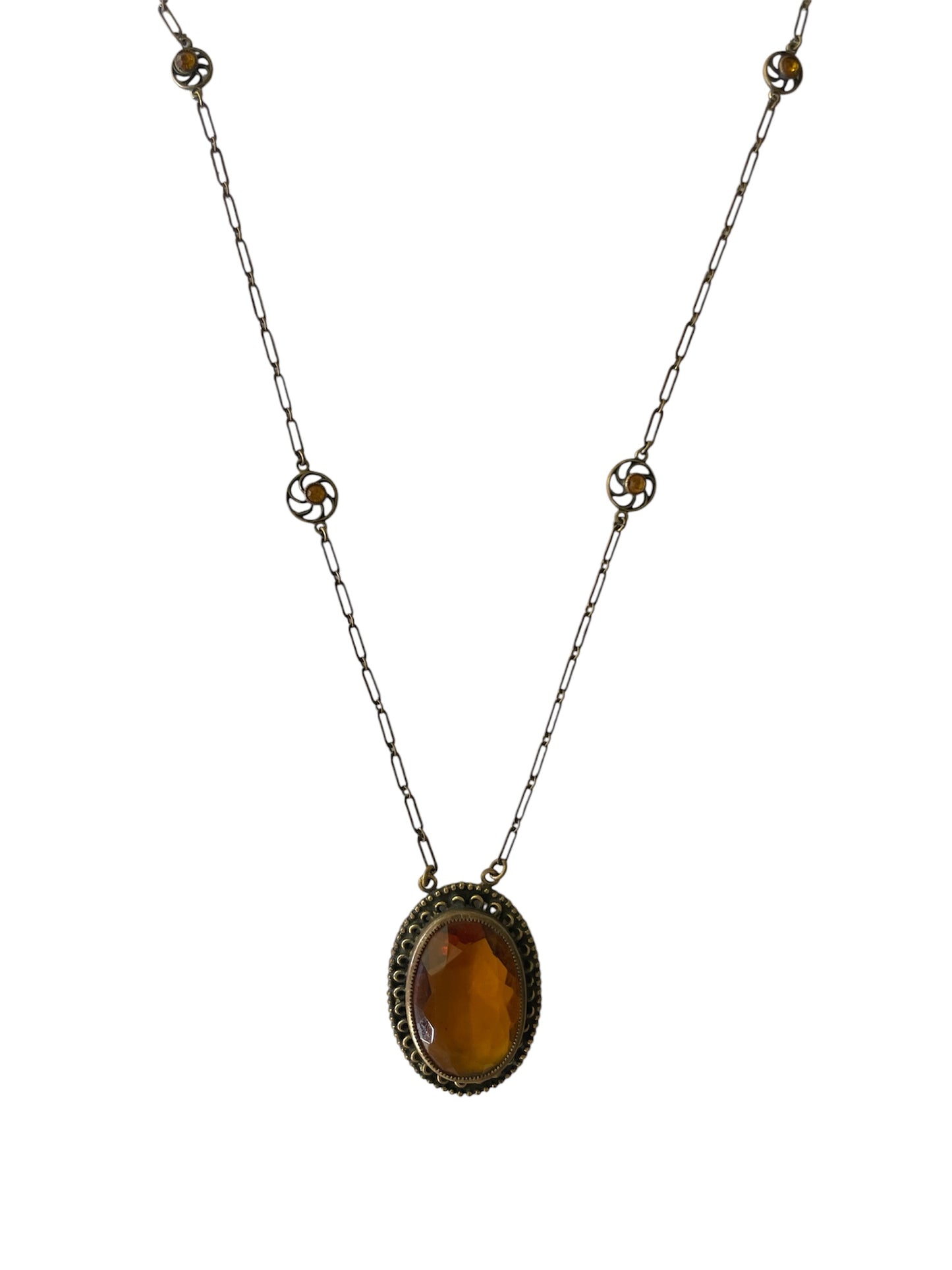 Vintage Czechoslovakian Amber Glass and Gilt Filigree Pendant  Necklace