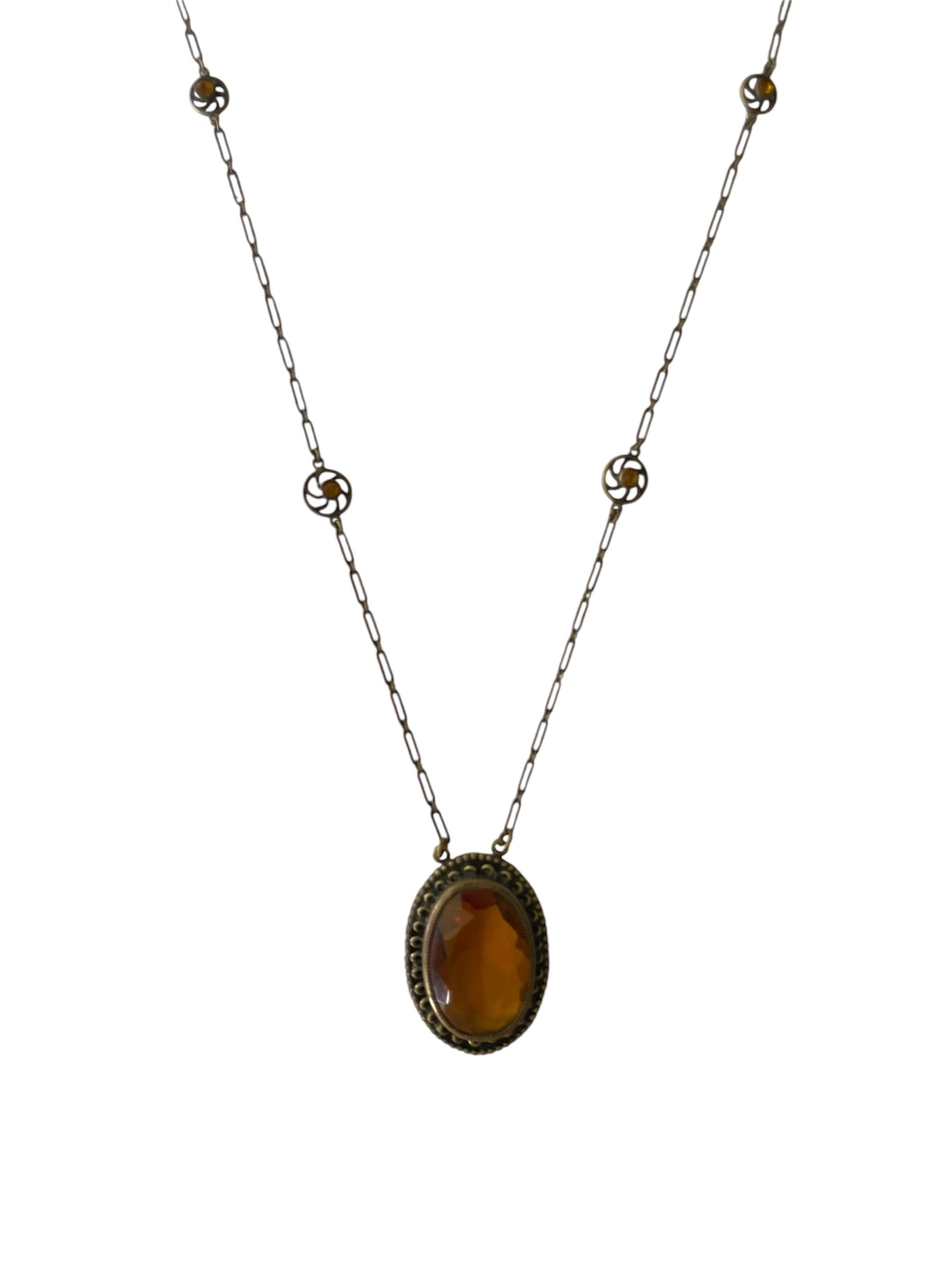 Vintage Czechoslovakian Amber Glass and Gilt Filigree Pendant  Necklace