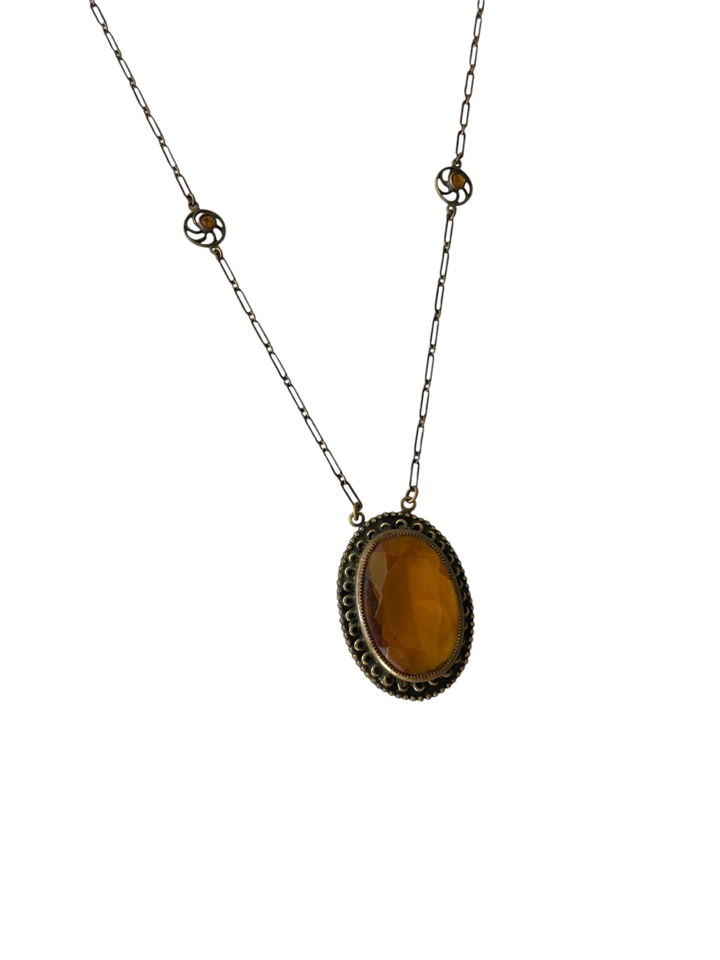 Vintage Czechoslovakian Amber Glass and Gilt Filigree Pendant  Necklace