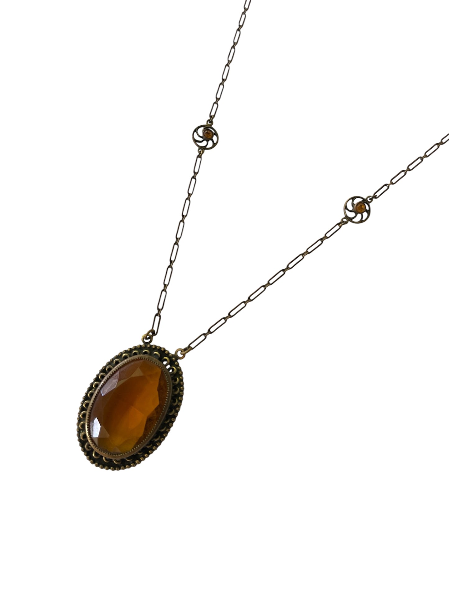Vintage Czechoslovakian Amber Glass and Gilt Filigree Pendant  Necklace