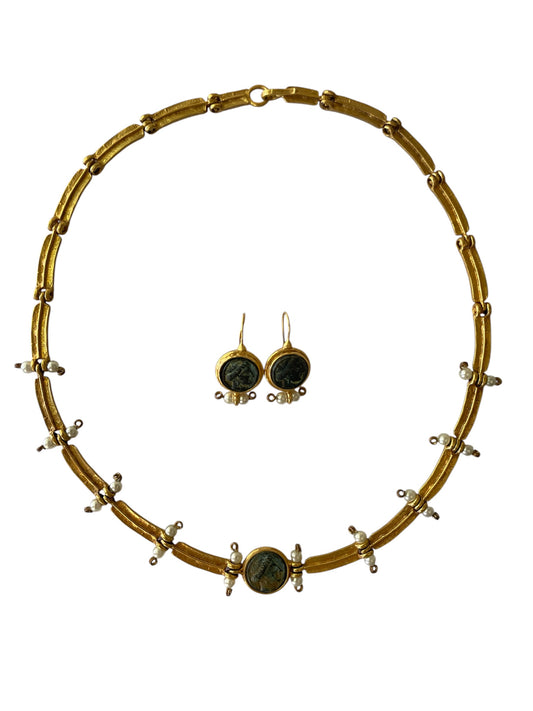 Vintage LM Classical Mythological Theme 18K Gold Tone Link Necklace and Earrings