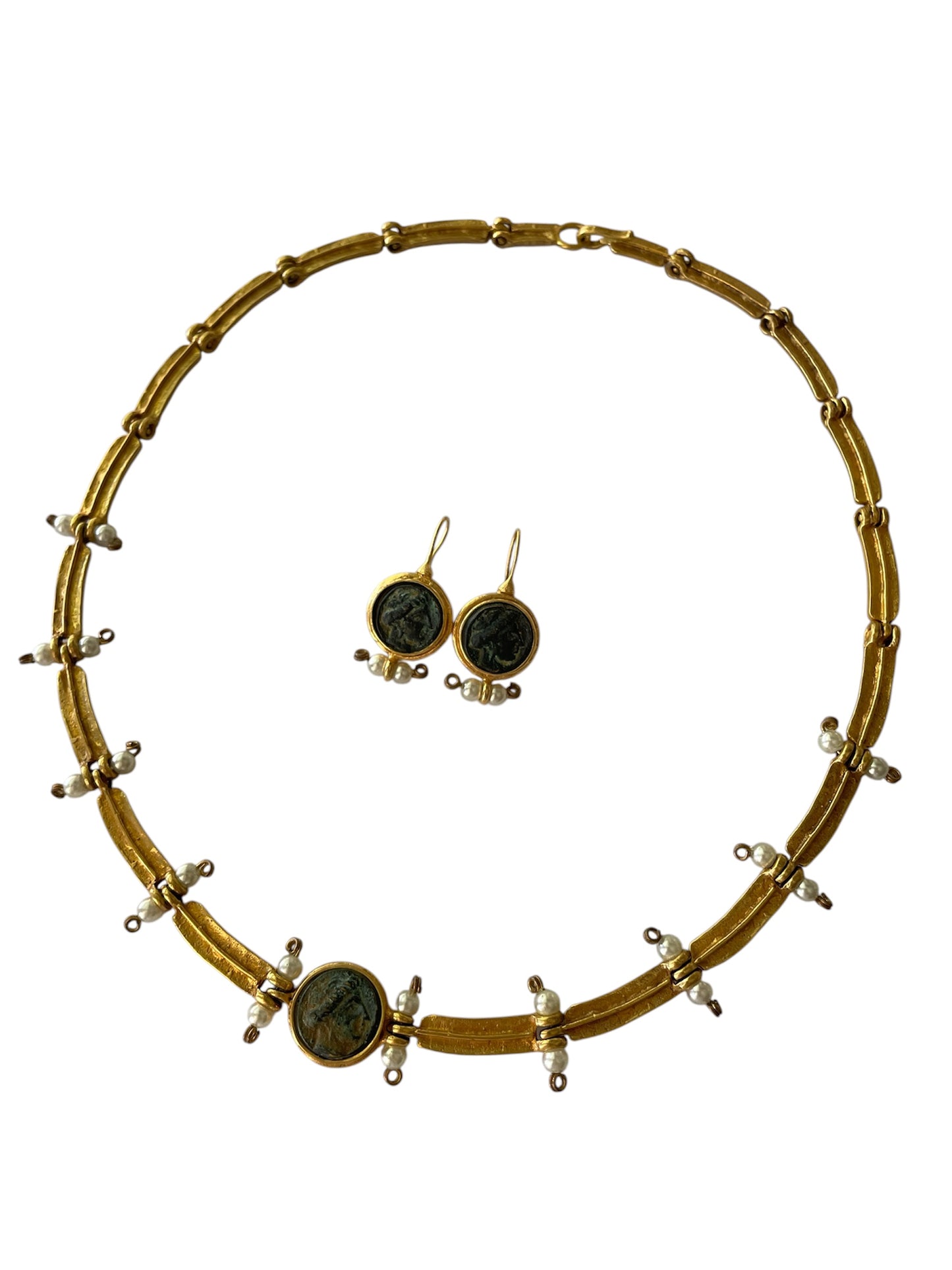Vintage LM Classical Mythological Theme 18K Gold Tone Link Necklace and Earrings