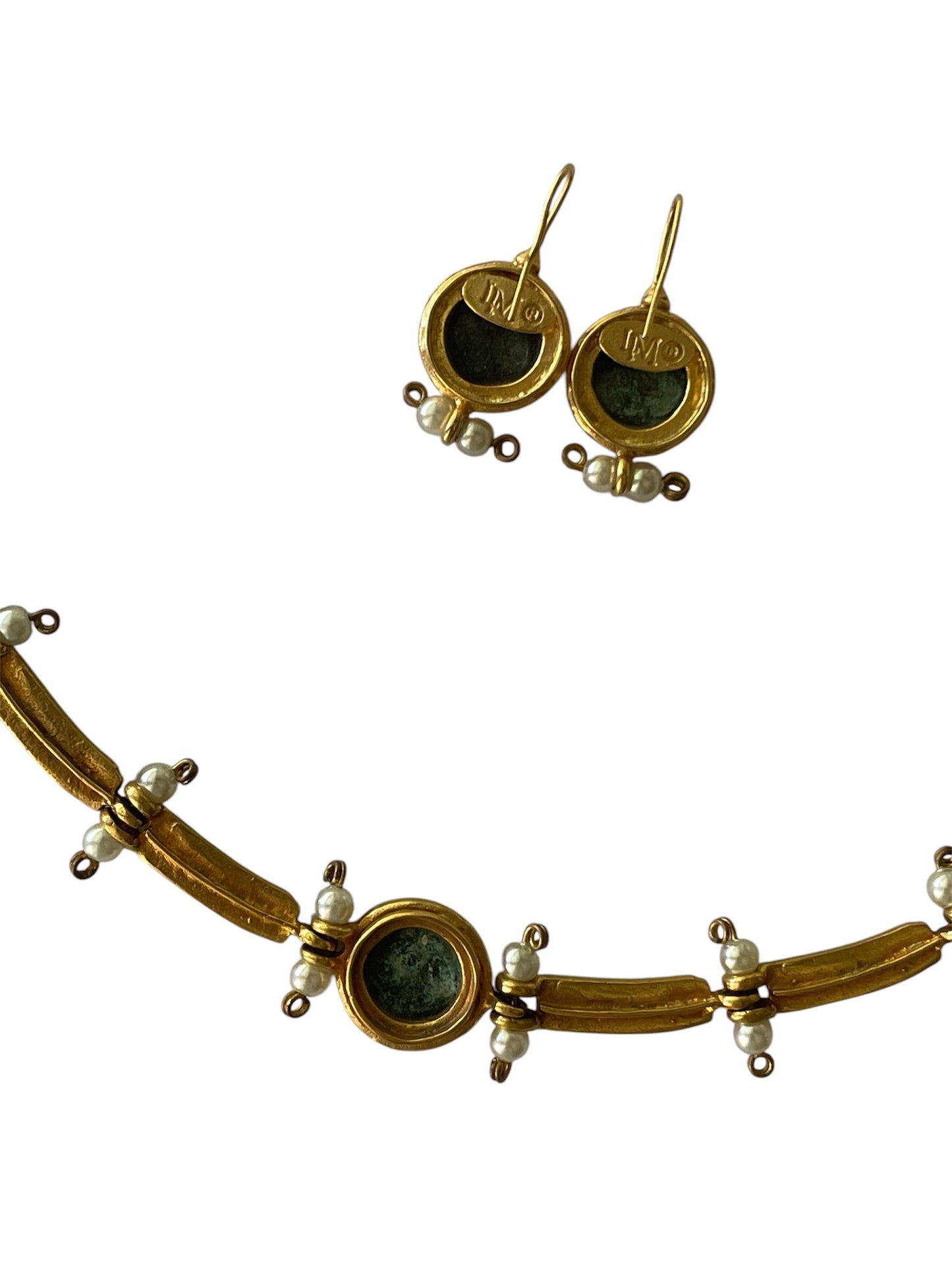 Vintage LM Classical Mythological Theme 18K Gold Tone Link Necklace and Earrings