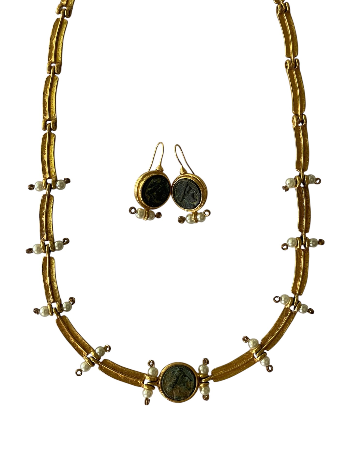Vintage LM Classical Mythological Theme 18K Gold Tone Link Necklace and Earrings