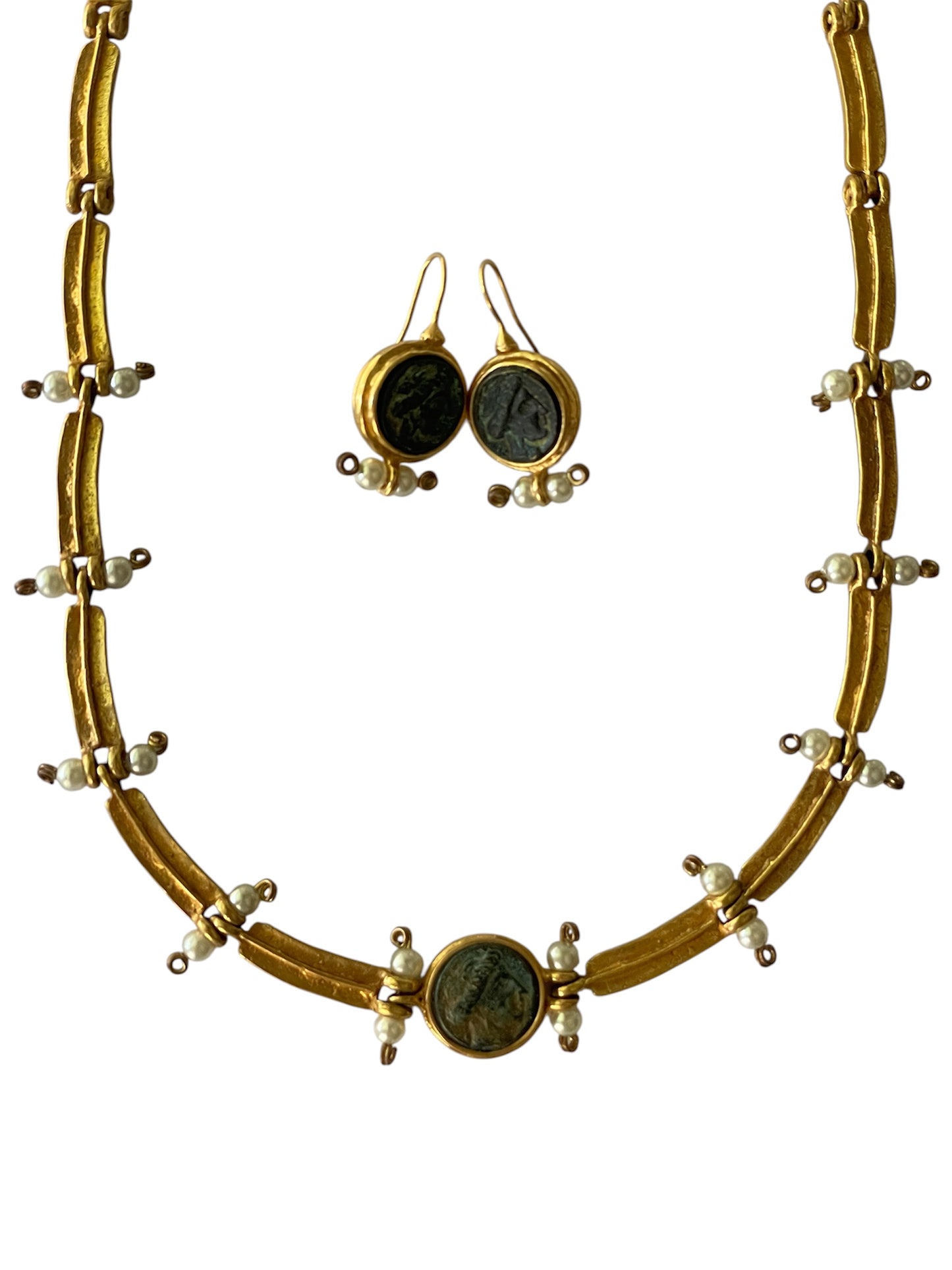 Vintage LM Classical Mythological Theme 18K Gold Tone Link Necklace and Earrings
