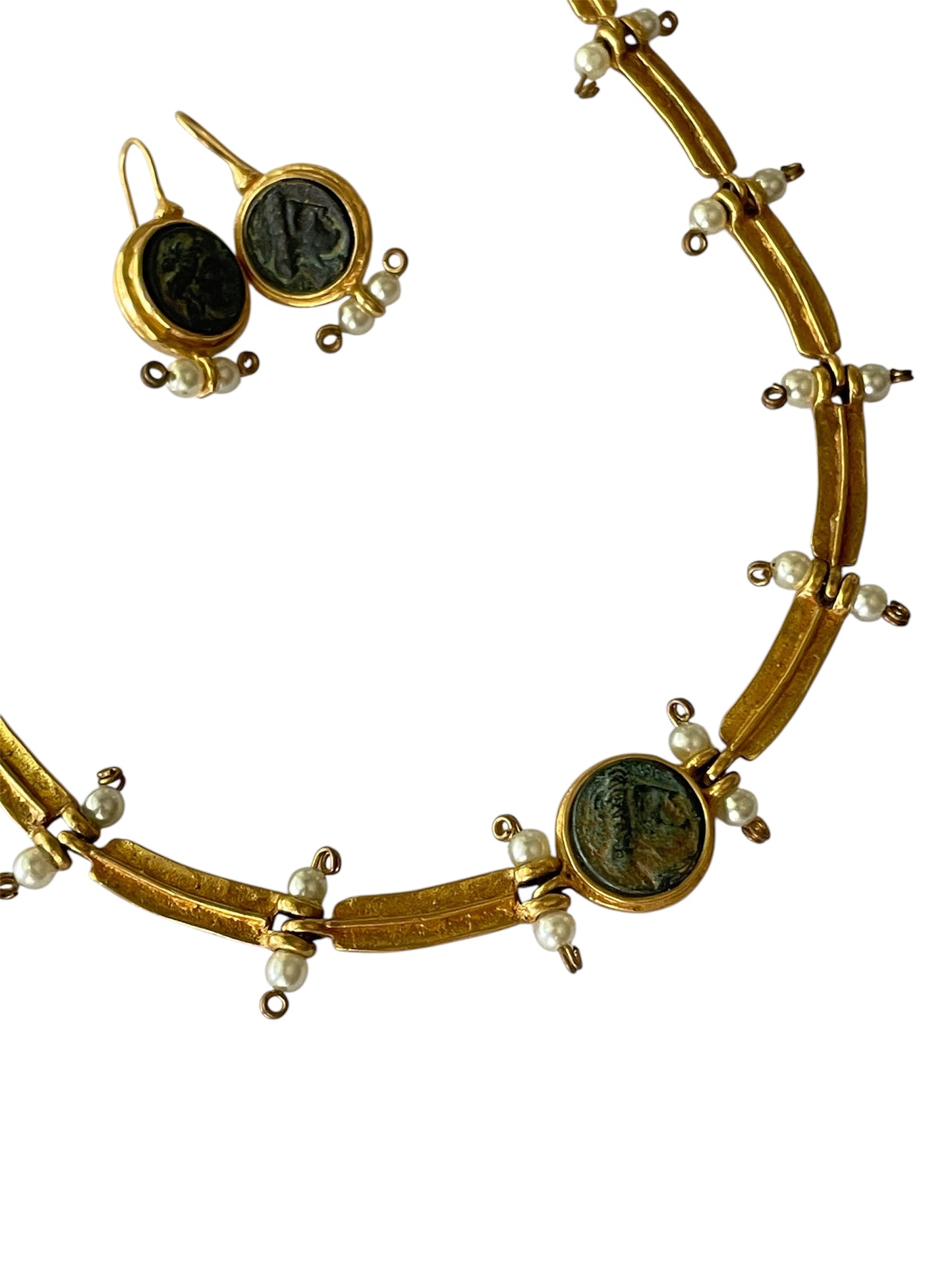 Vintage LM Classical Mythological Theme 18K Gold Tone Link Necklace and Earrings
