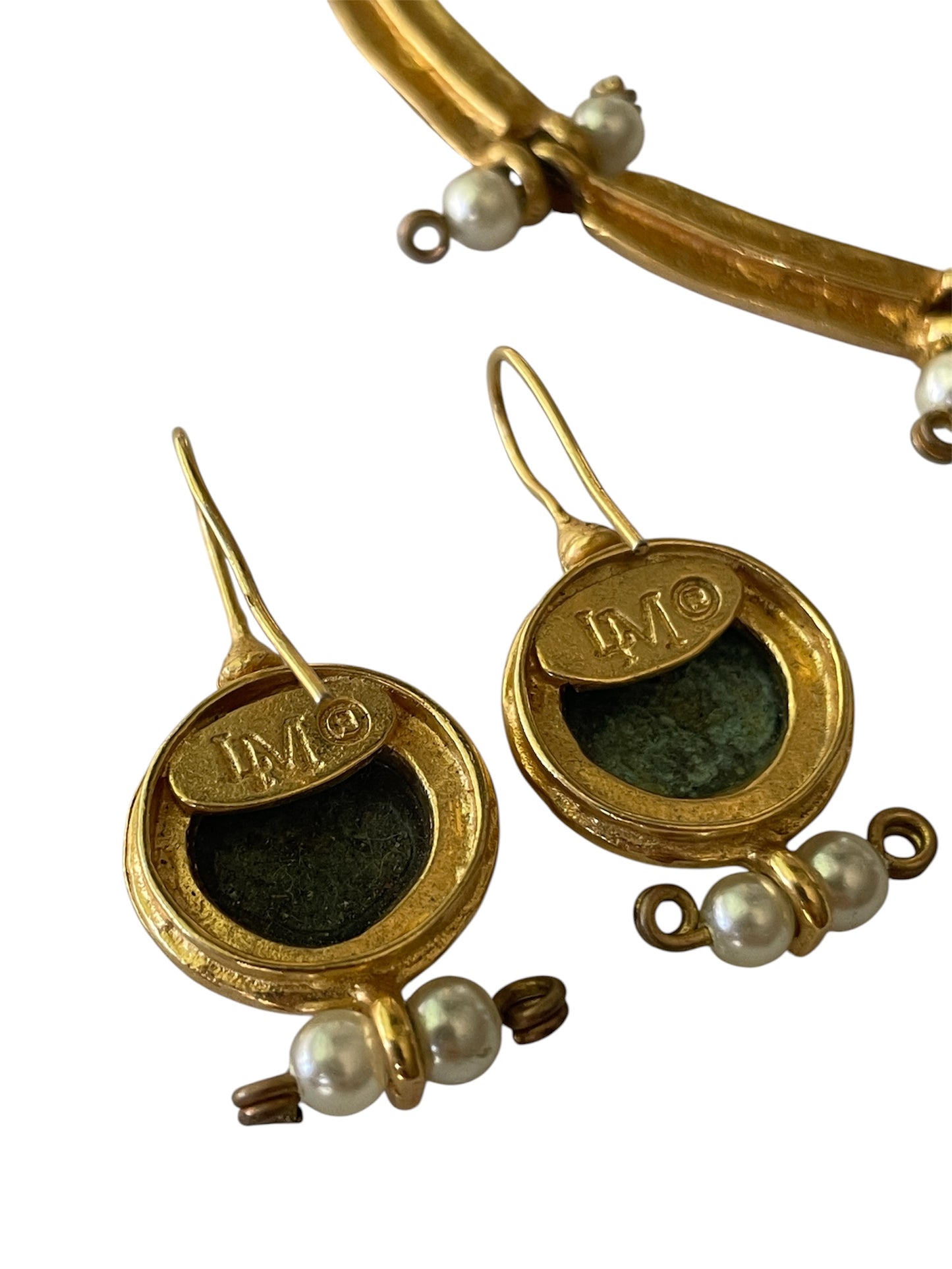 Vintage LM Classical Mythological Theme 18K Gold Tone Link Necklace and Earrings