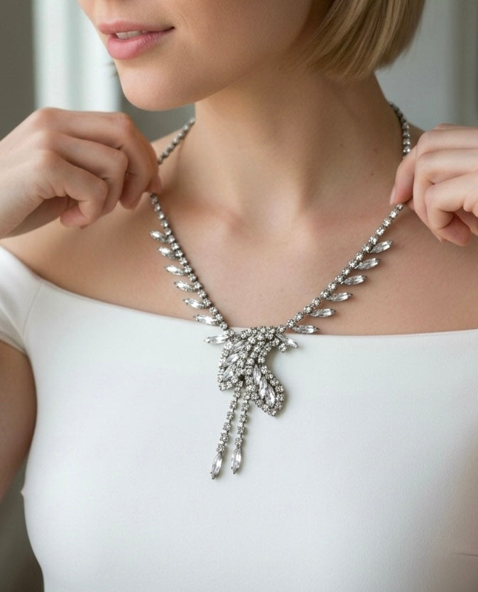 Vintage Art Deco Style Rhinestone Articulated Drop Necklace, circa 1940s-1950s