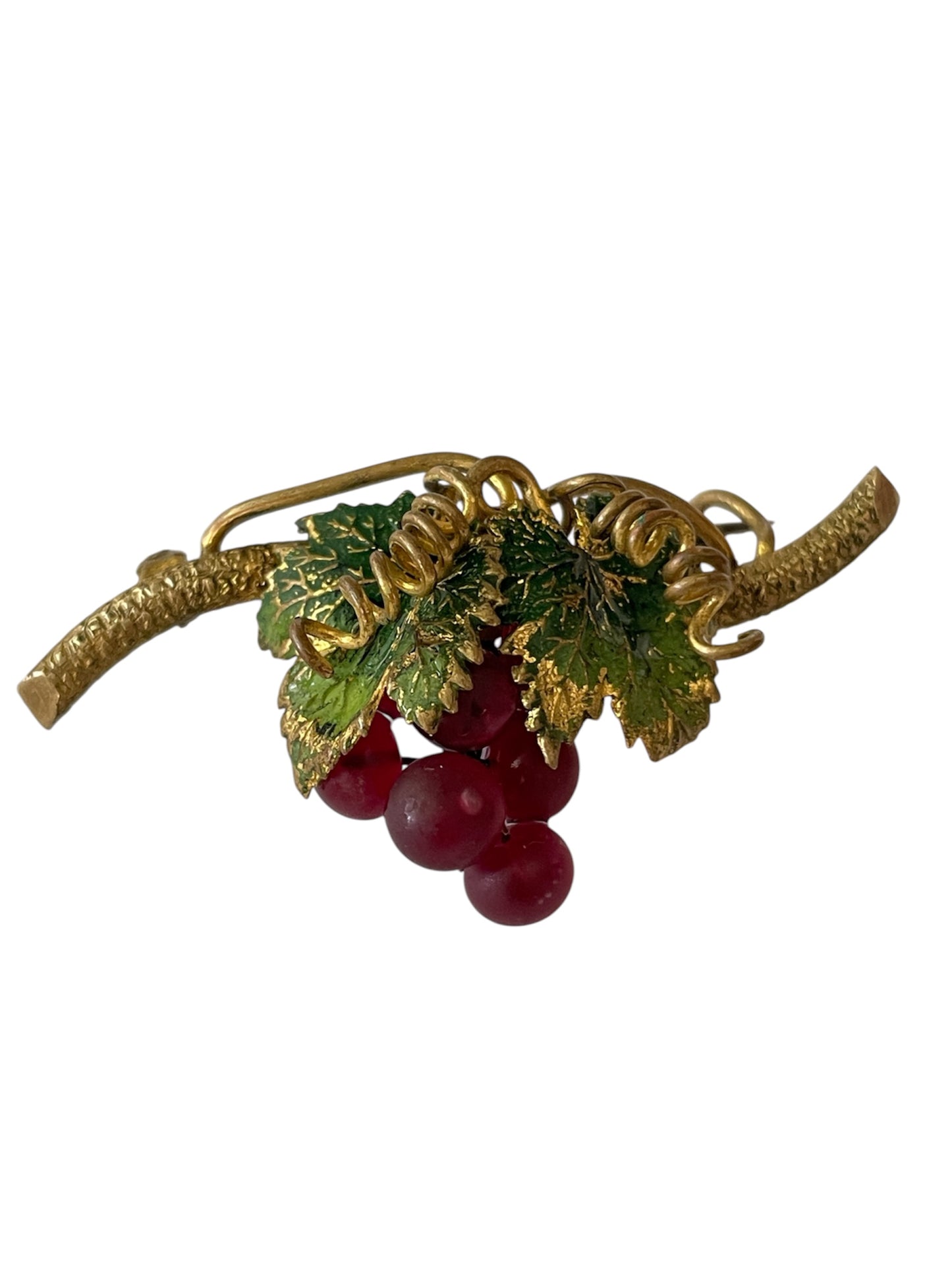 Antique Grapevine Bar Brooch with Frosted Red Grapes c. 1910s-1930s