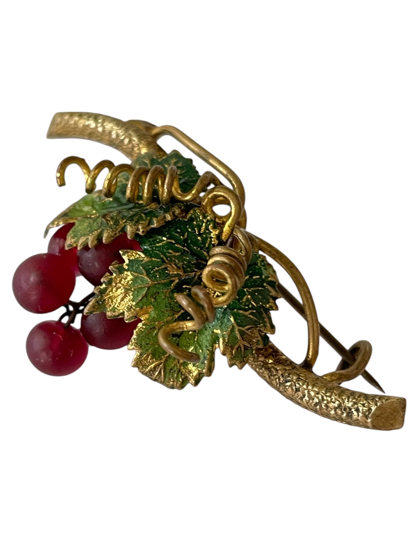 Antique Grapevine Bar Brooch with Frosted Red Grapes c. 1910s-1930s