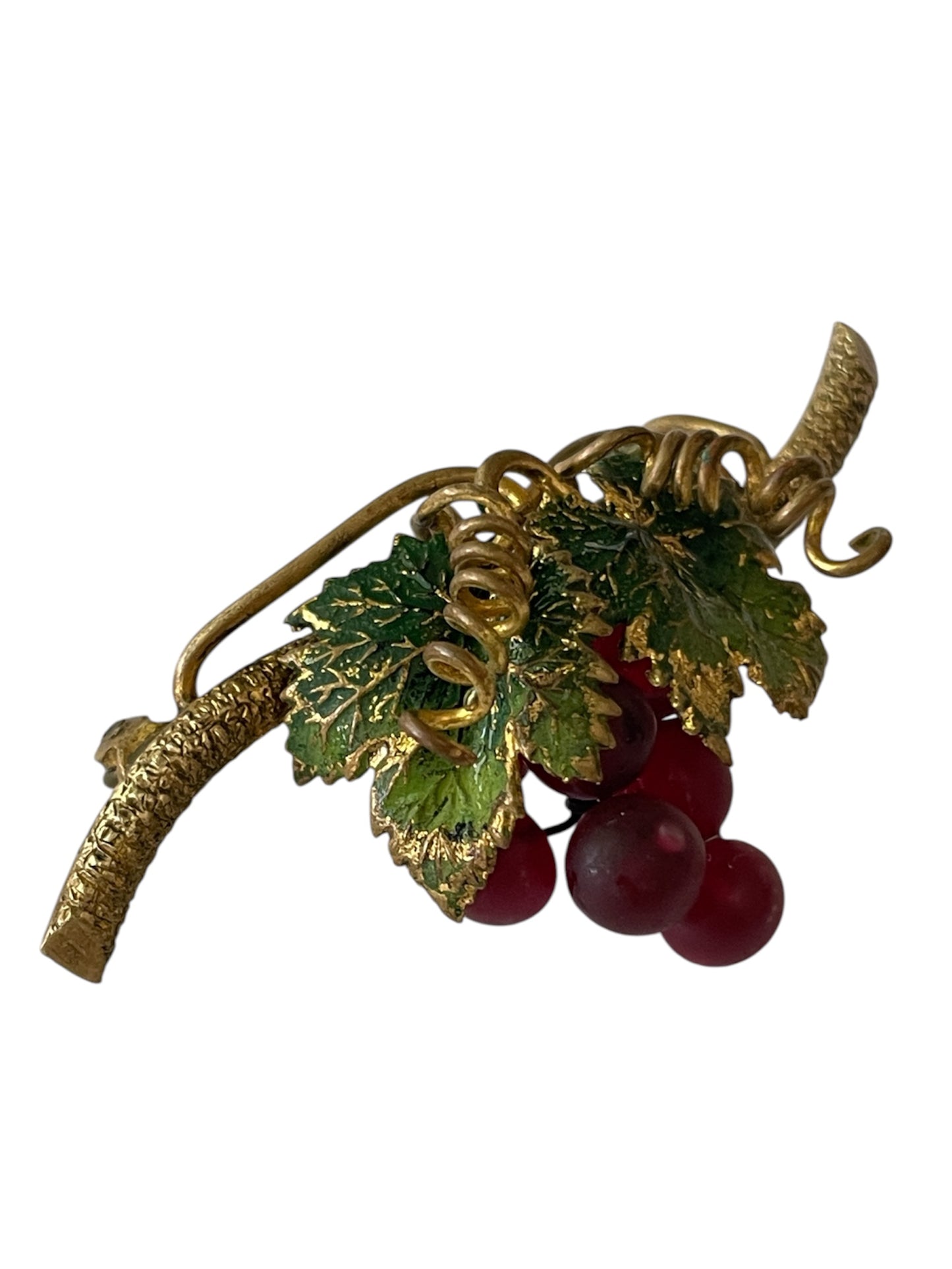 Antique Grapevine Bar Brooch with Frosted Red Grapes c. 1910s-1930s