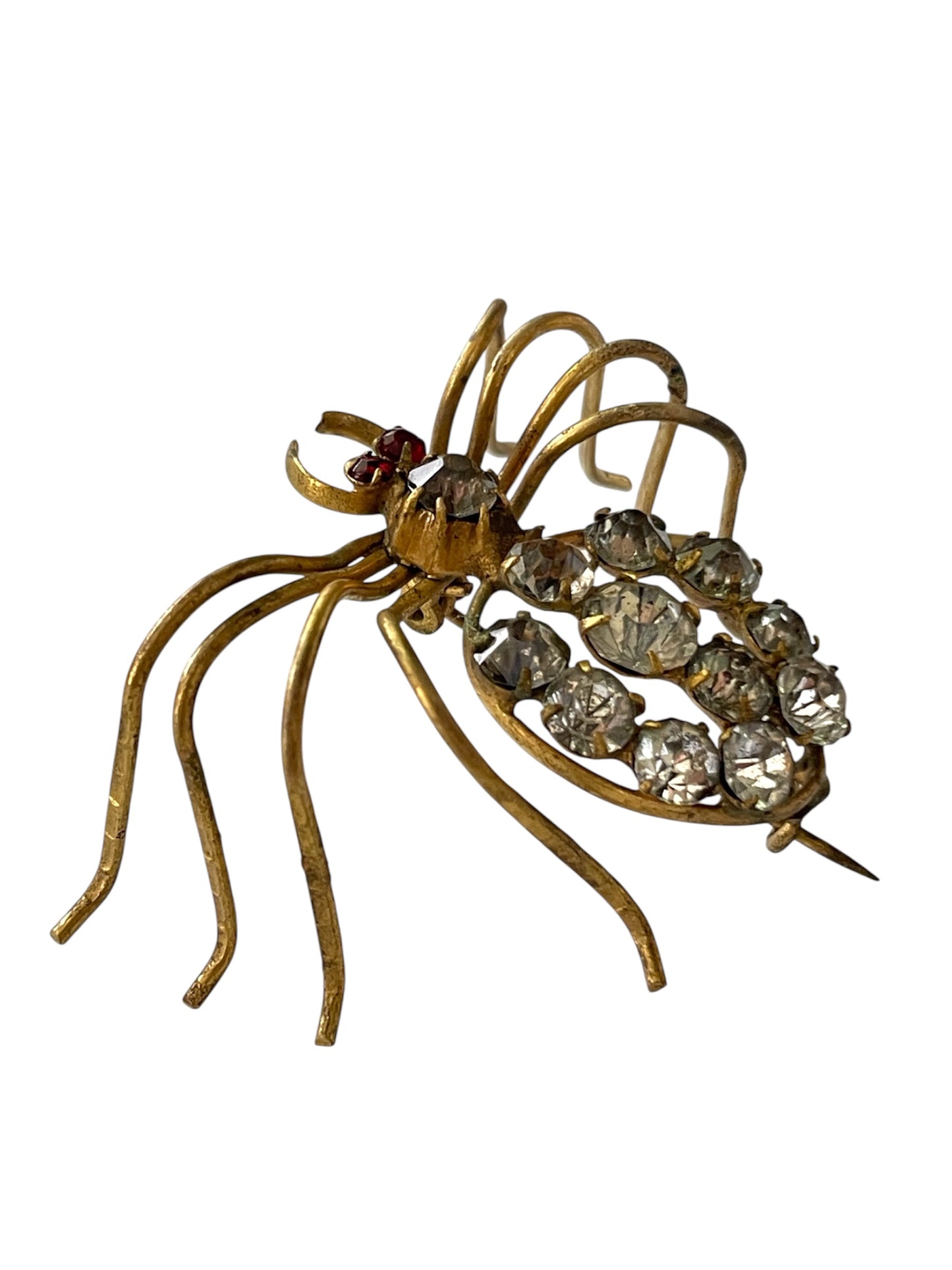 Antique Italian Insect Red Glass and Brass Spider Brooch, circa 1890s-1900s