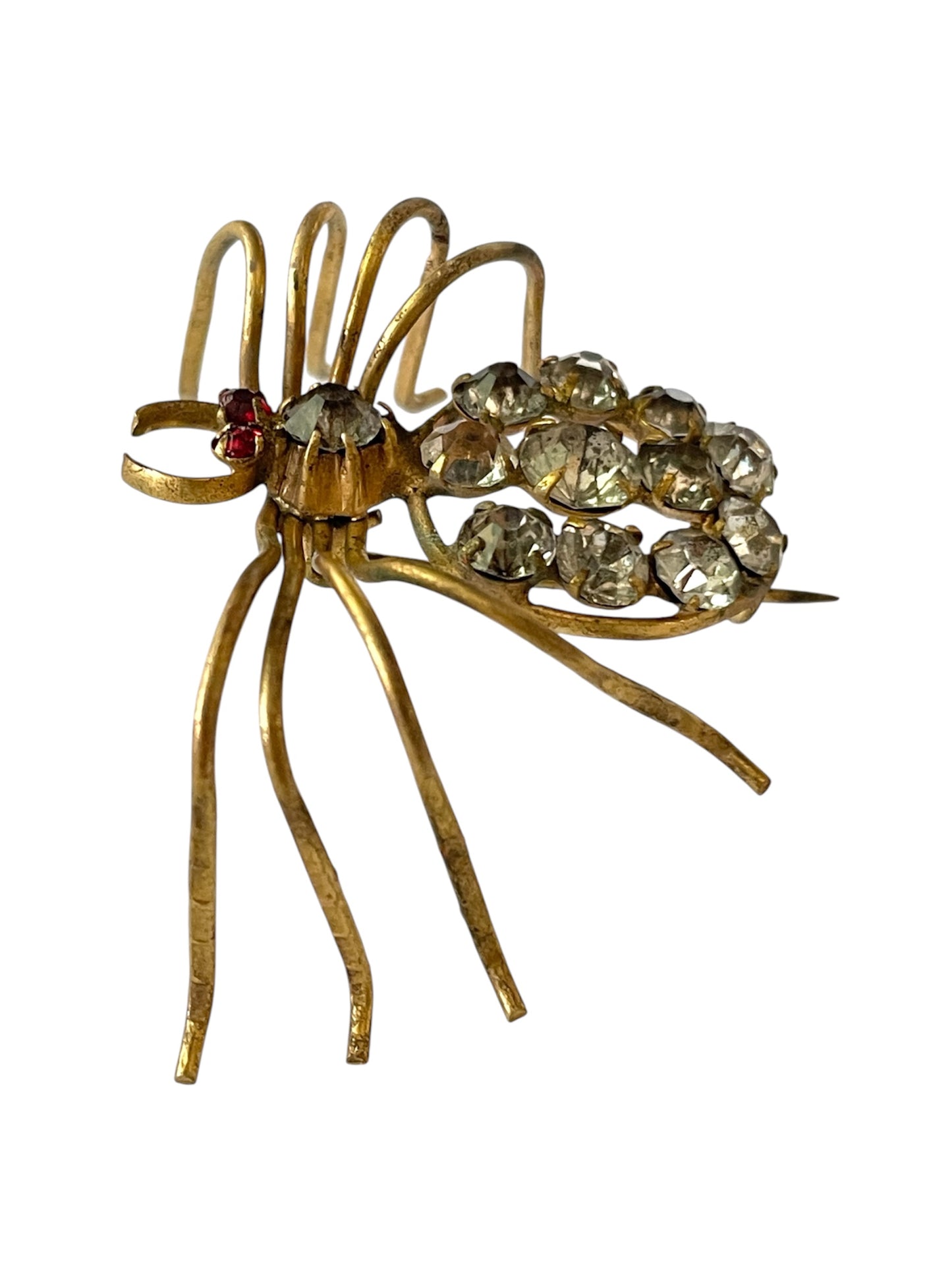 Antique Italian Insect Red Glass and Brass Spider Brooch, circa 1890s-1900s
