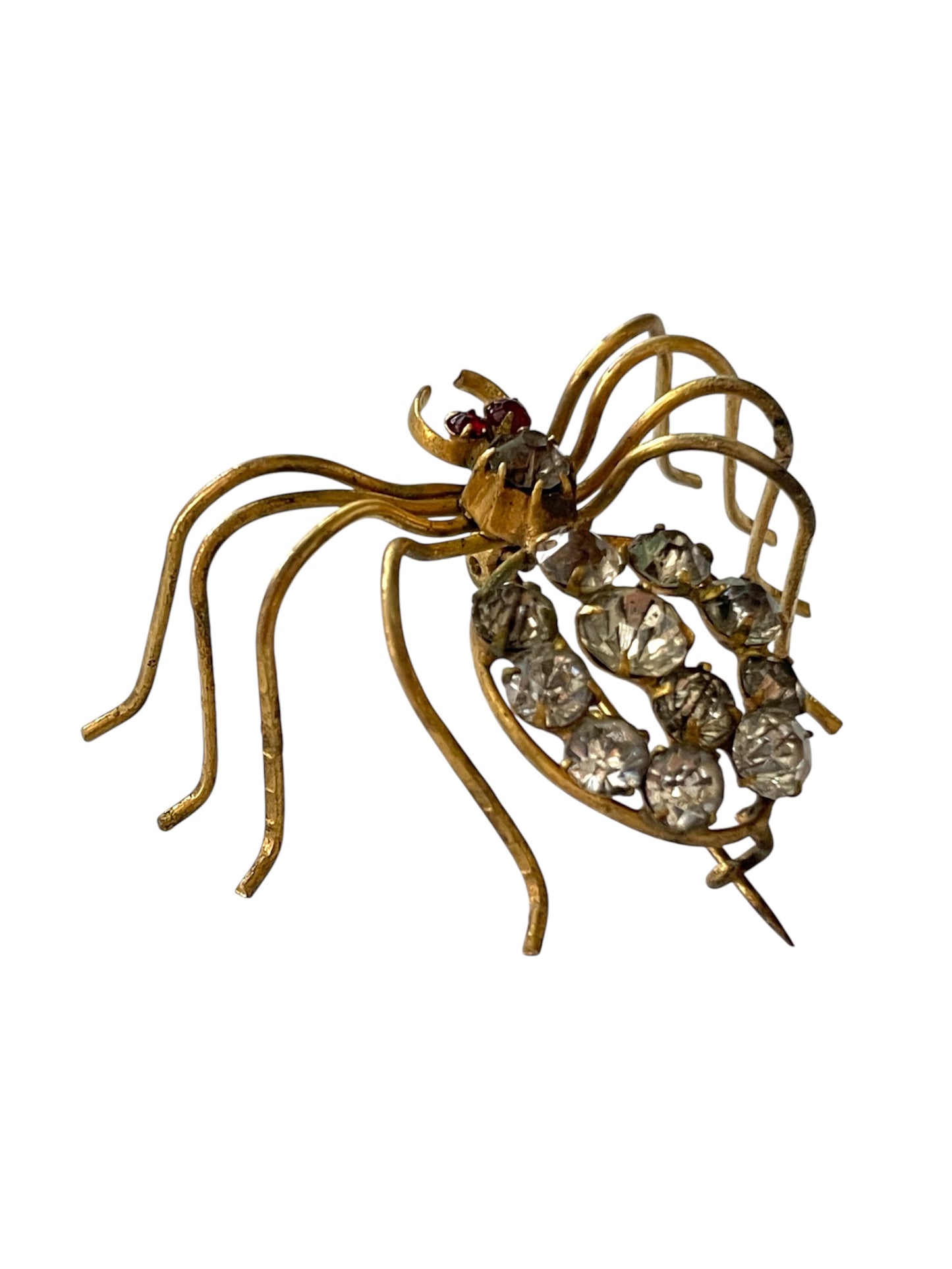 Antique Italian Insect Red Glass and Brass Spider Brooch, circa 1890s-1900s