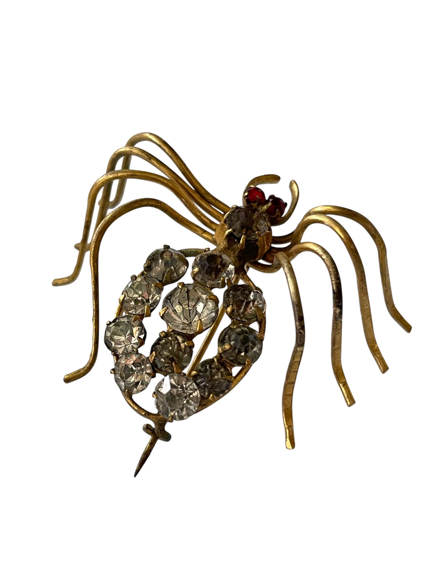 Antique Italian Insect Red Glass and Brass Spider Brooch, circa 1890s-1900s