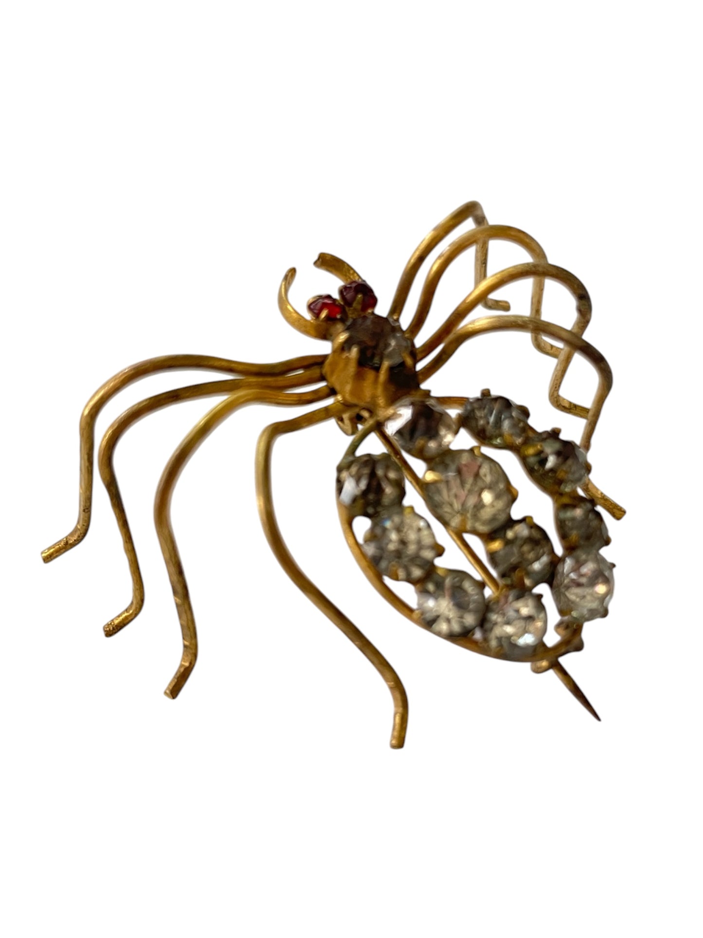 Antique Italian Insect Red Glass and Brass Spider Brooch, circa 1890s-1900s