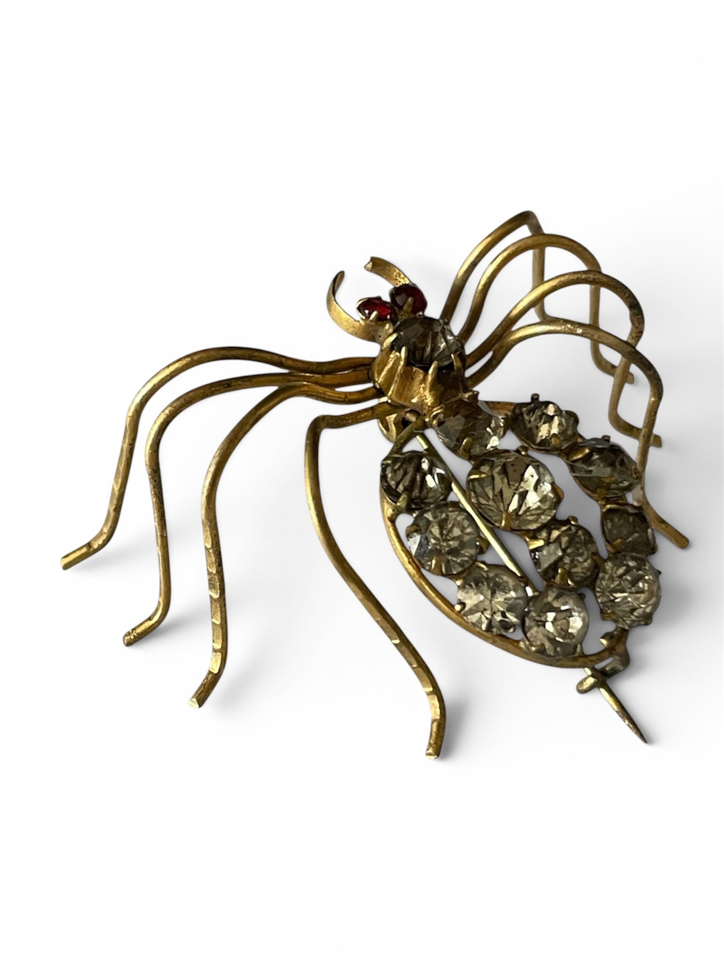Antique Italian Insect Red Glass and Brass Spider Brooch, circa 1890s-1900s