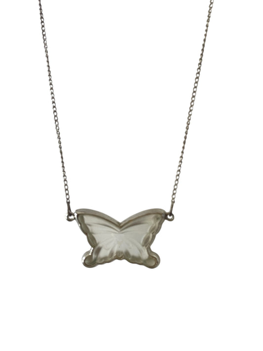 Antique Art Deco Sterling Silver Frosted Glass Butterfly Necklace, circa 1930