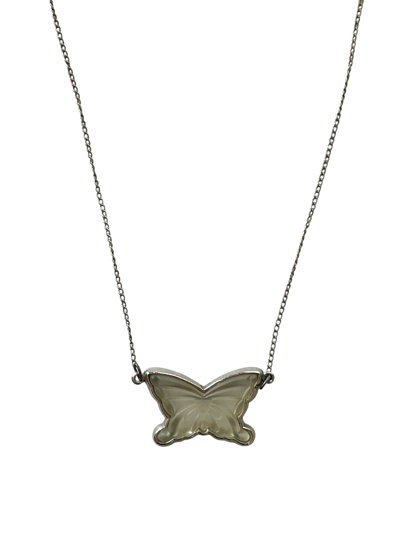 Antique Art Deco Sterling Silver Frosted Glass Butterfly Necklace, circa 1930