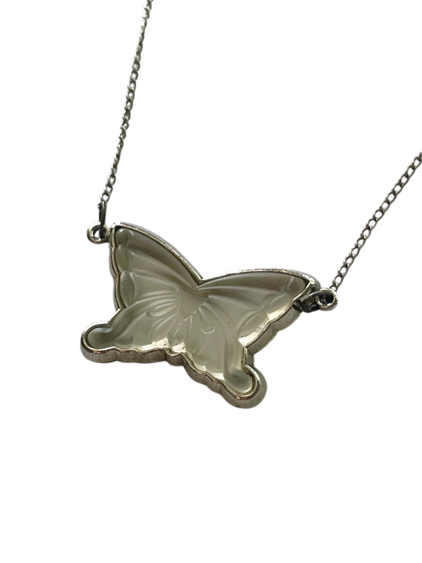 Antique Art Deco Sterling Silver Frosted Glass Butterfly Necklace, circa 1930
