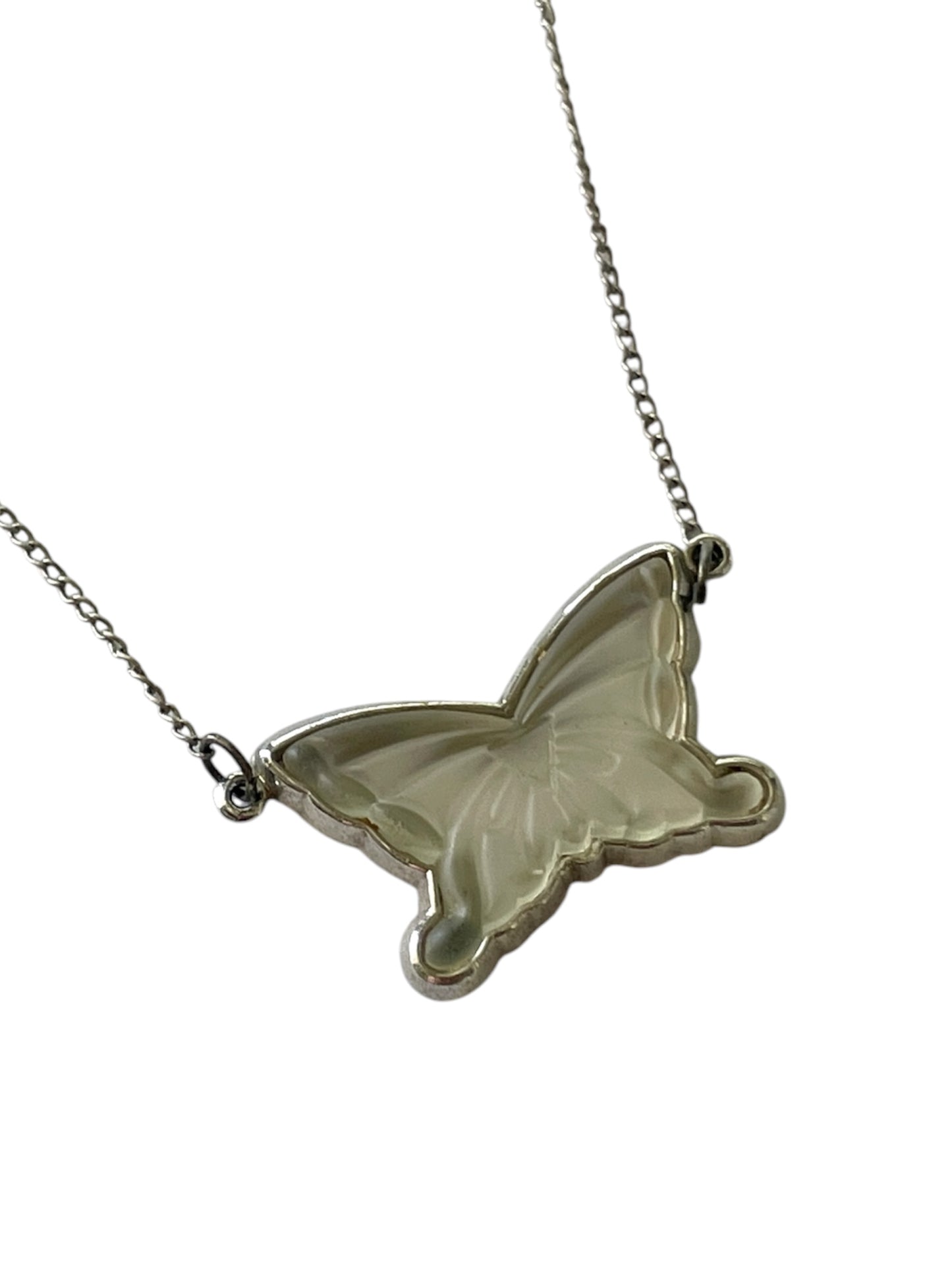 Antique Art Deco Sterling Silver Frosted Glass Butterfly Necklace, circa 1930