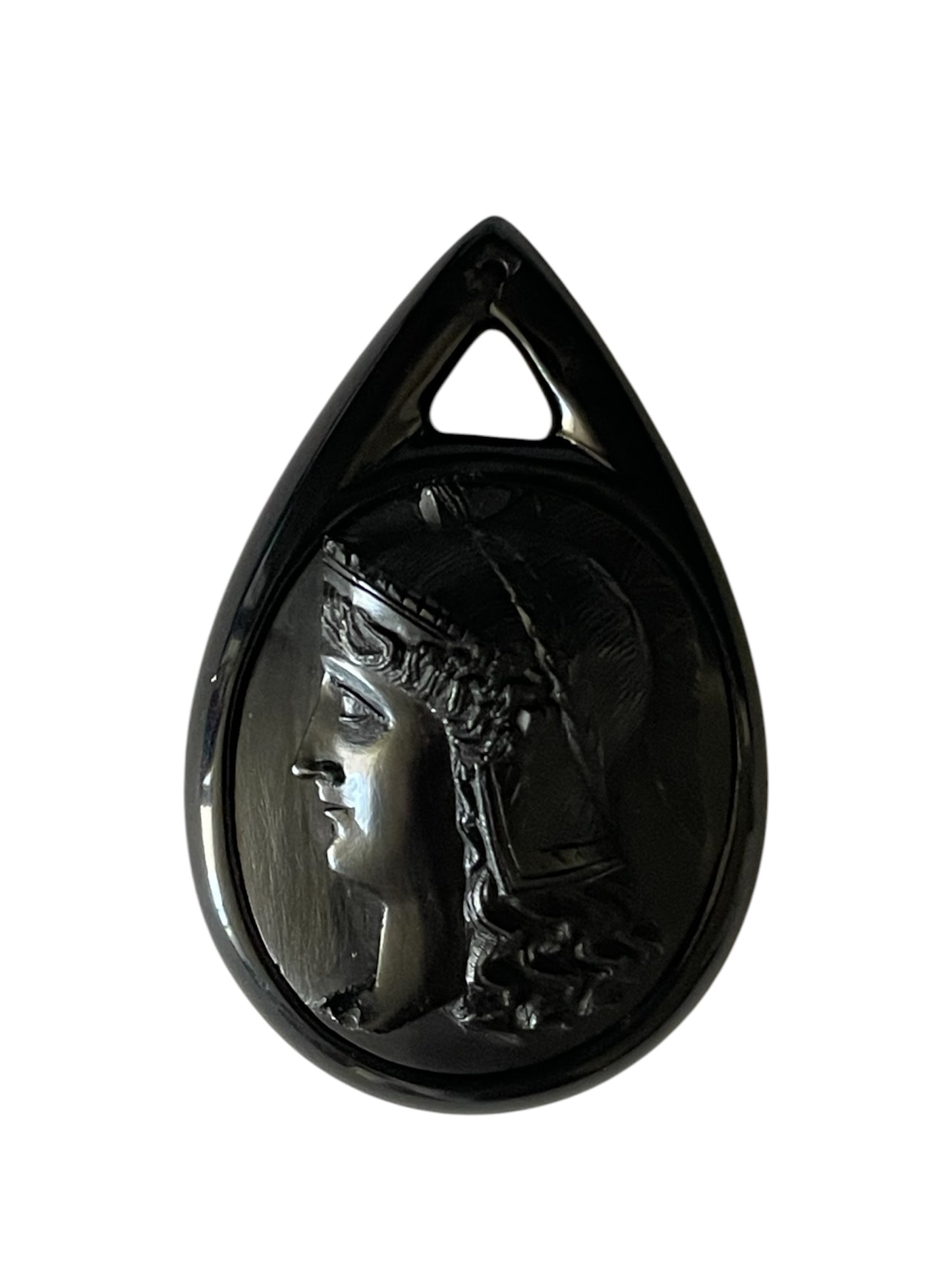 Rare Victorian Vulcanite Athena Tear Drop Cameo Pendant