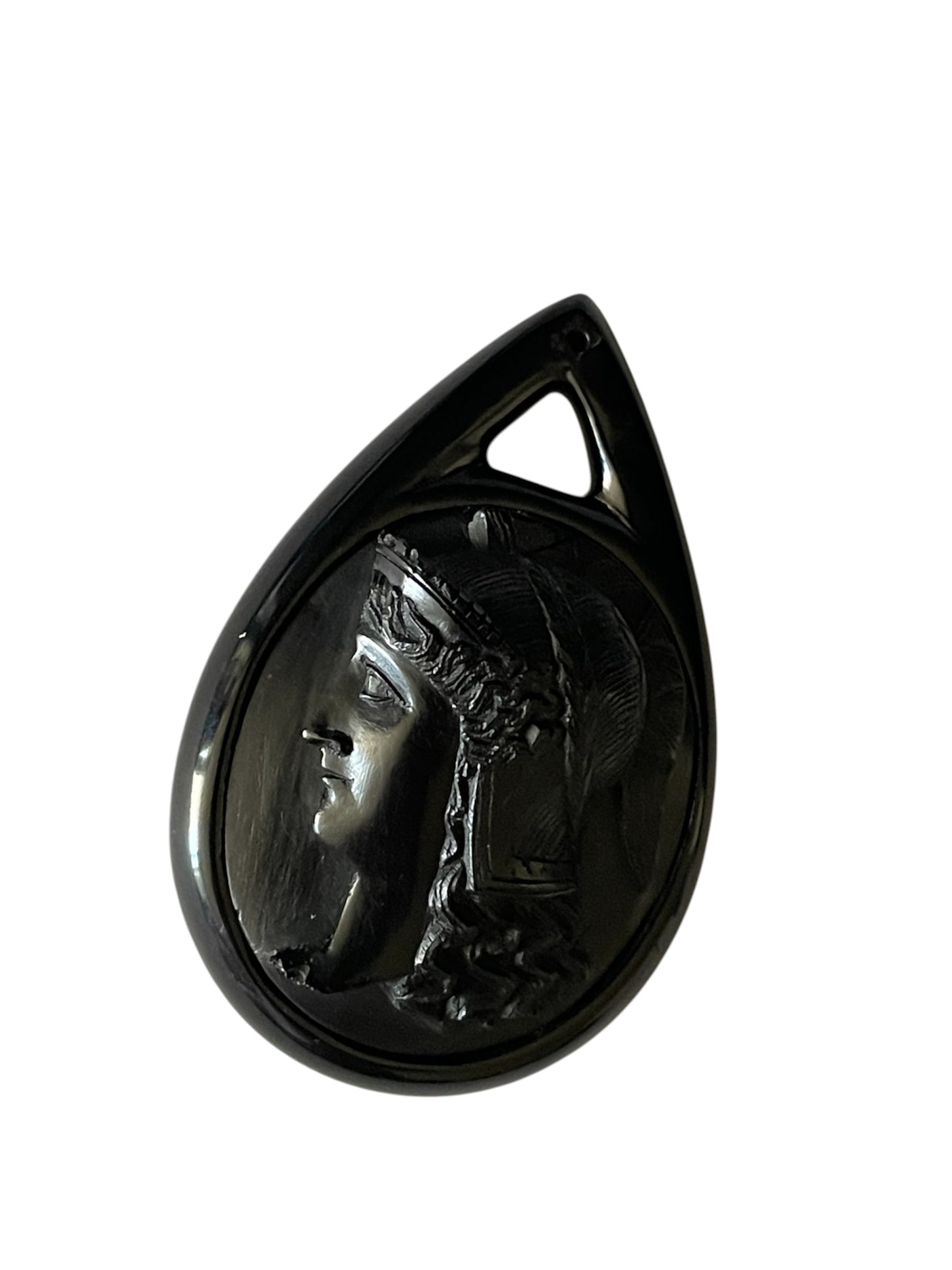 Rare Victorian Vulcanite Athena Tear Drop Cameo Pendant