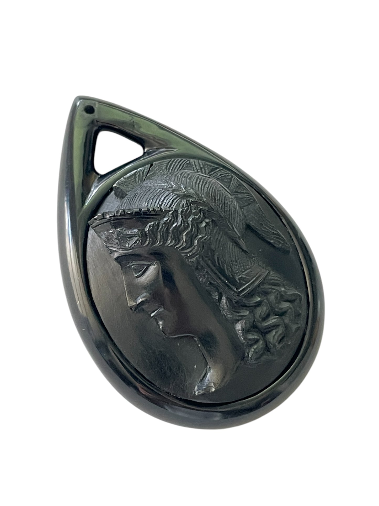 Rare Victorian Vulcanite Athena Tear Drop Cameo Pendant