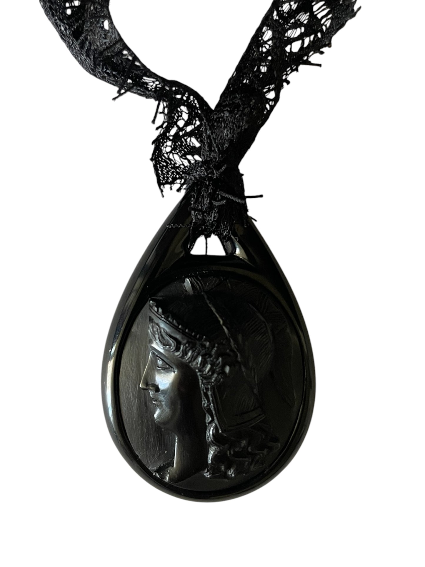 Rare Victorian Vulcanite Athena Tear Drop Cameo Pendant