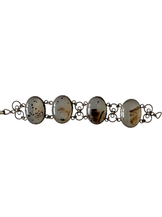 Original 1950s Mid-Century Vintage Natural Moss Agate Bold Cabochon Link Bracelet