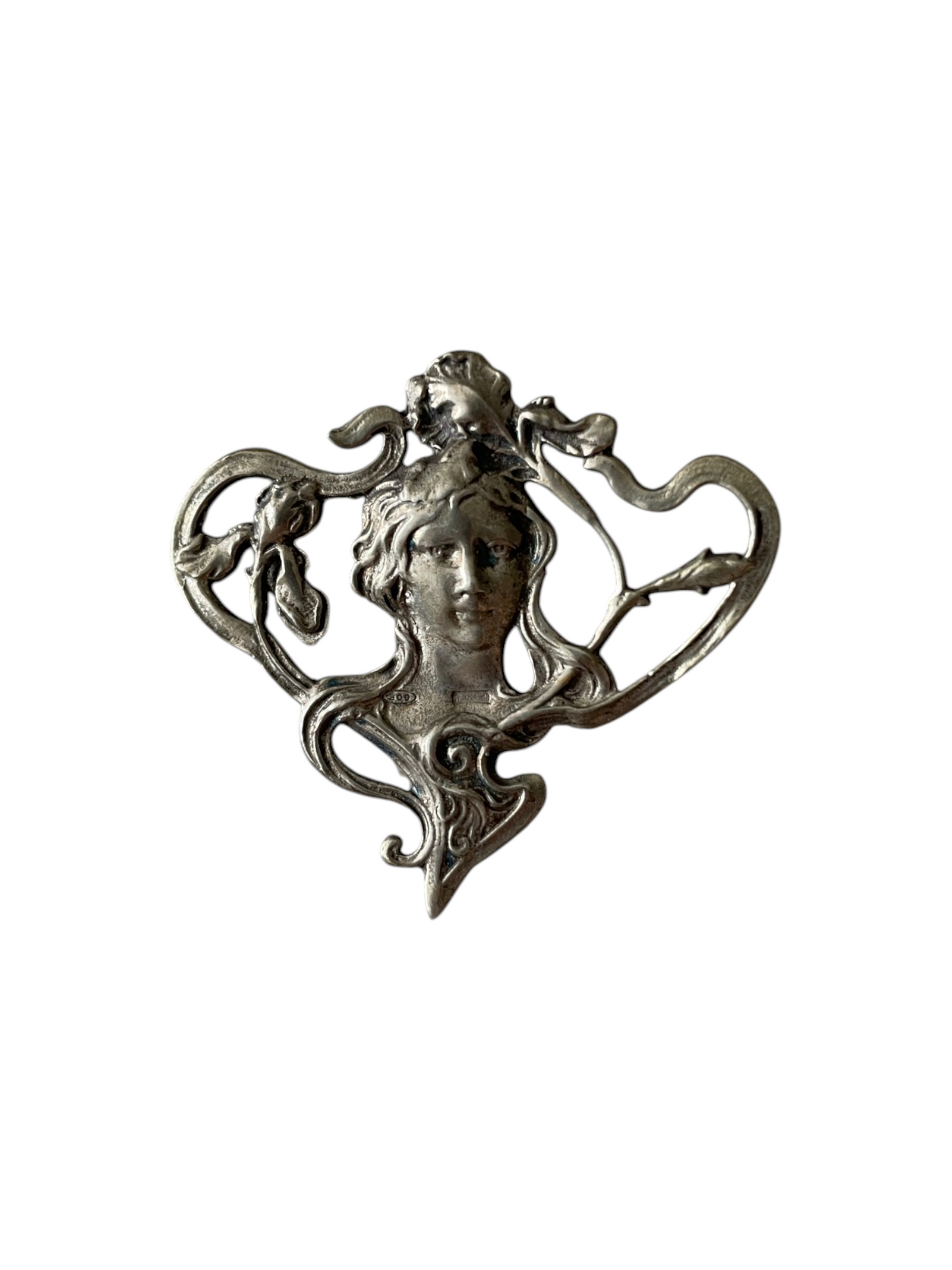 Vintage Art Nouveau Female Motif Silver Brooch