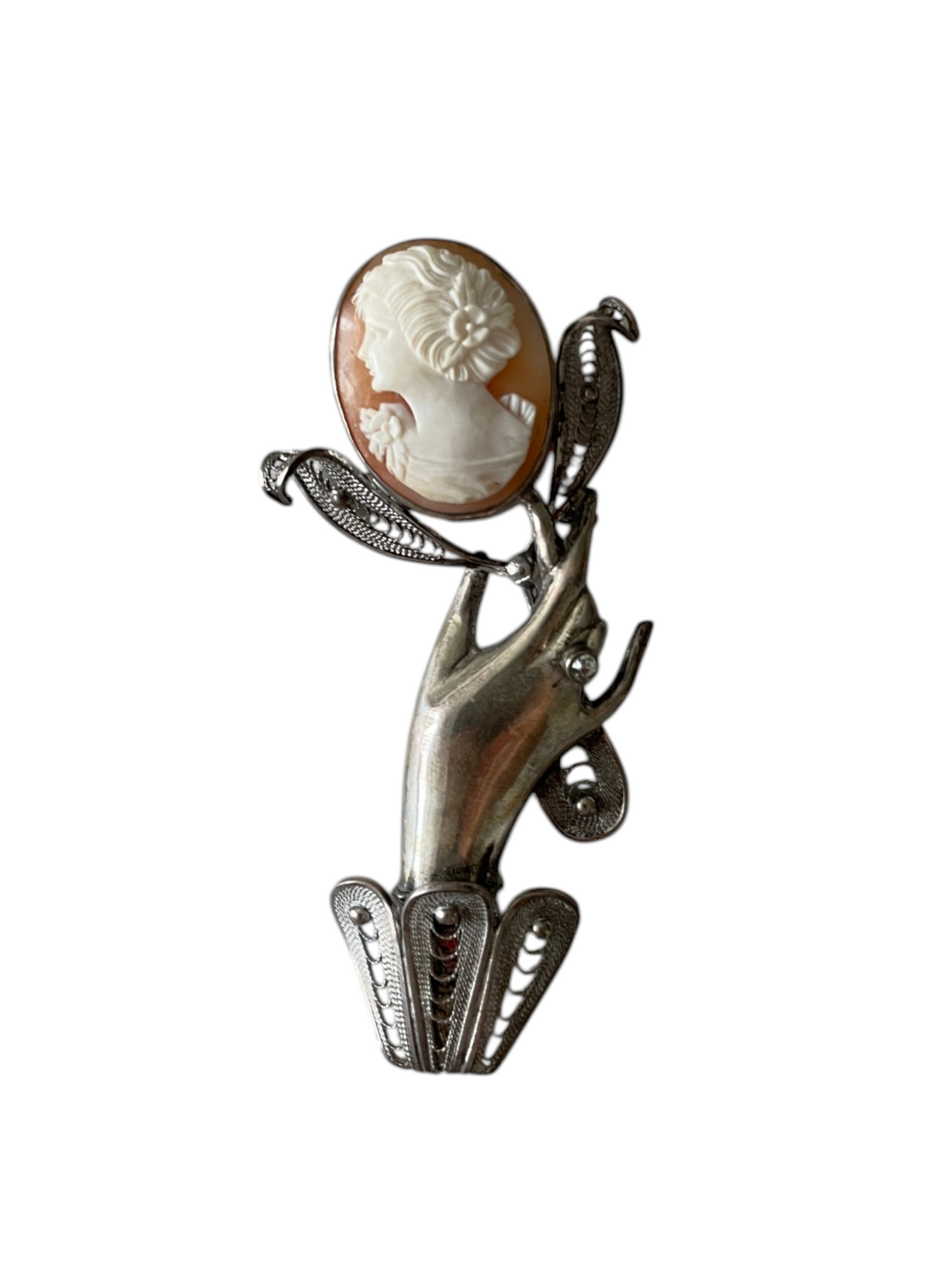 Rare Vintage Sterling Silver Hand Motif Filigree Cameo Brooch